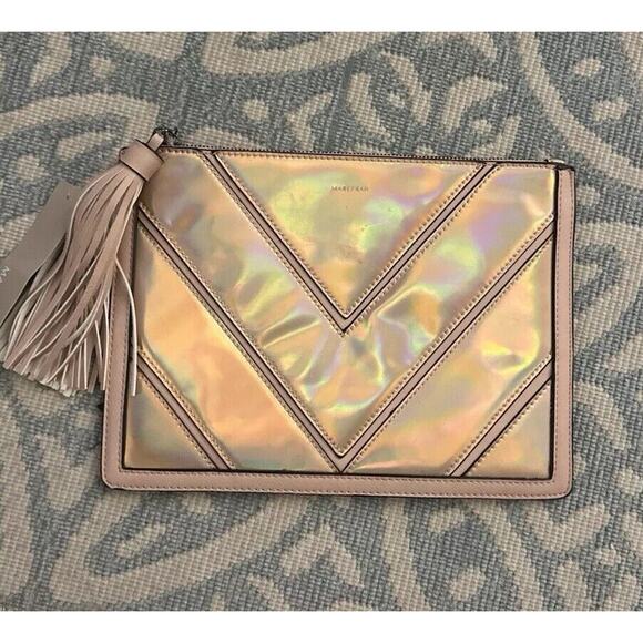Mark Fran Faux Leather Clutch Bag Pink Iridescent Chevron Zip Tassel Bag Purse - Picture 2 of 16
